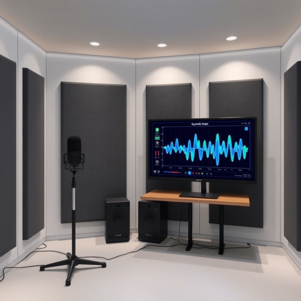 A photorealistic photo of a soundproof testing room with a Güvenli Kapı X200 installed