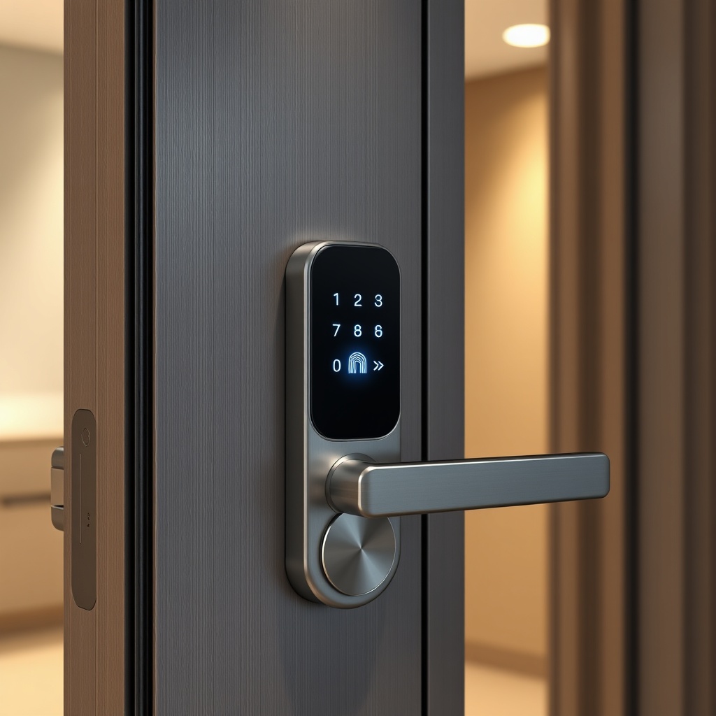 A close-up photorealistic photo of a Çelik Kapı Pro steel door with a modern smart lock sy
