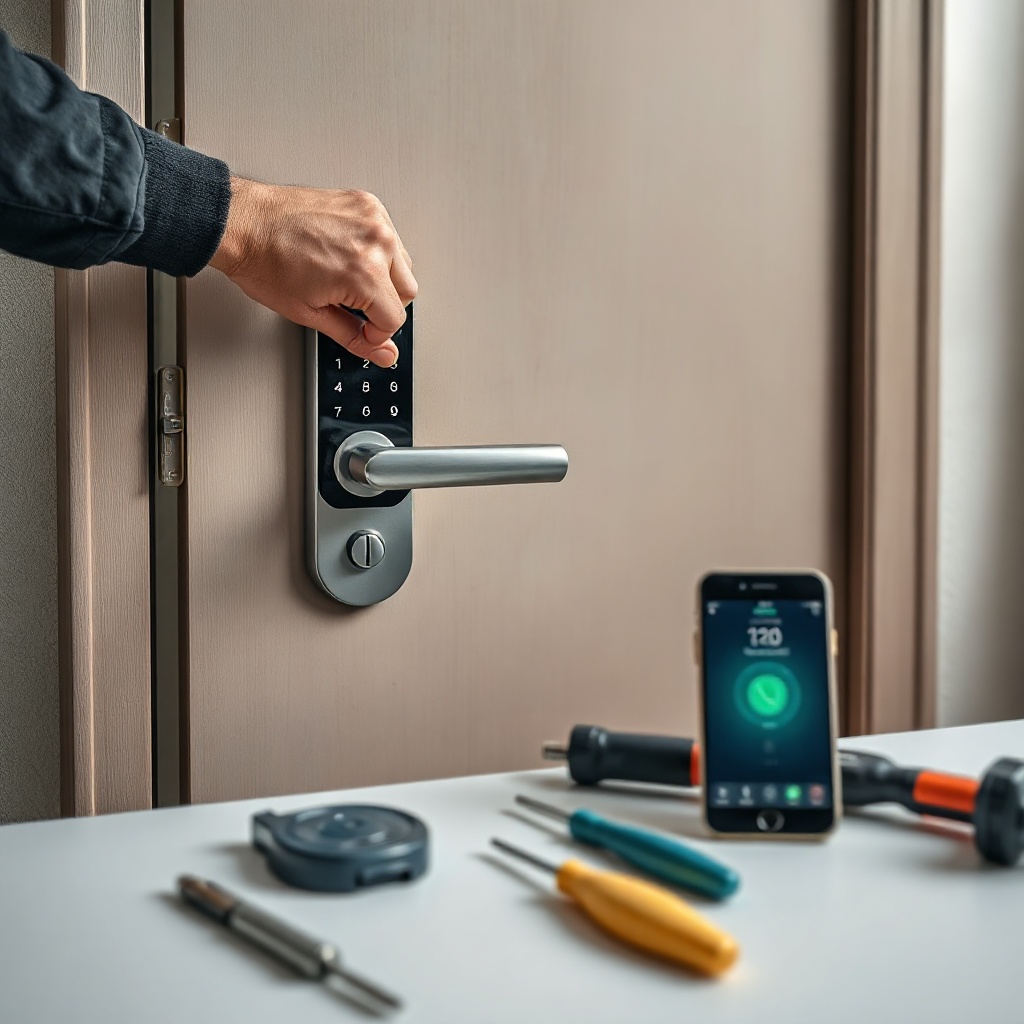 A photorealistic shot of a person installing a Çelik Kapı Pro smart lock on a steel door