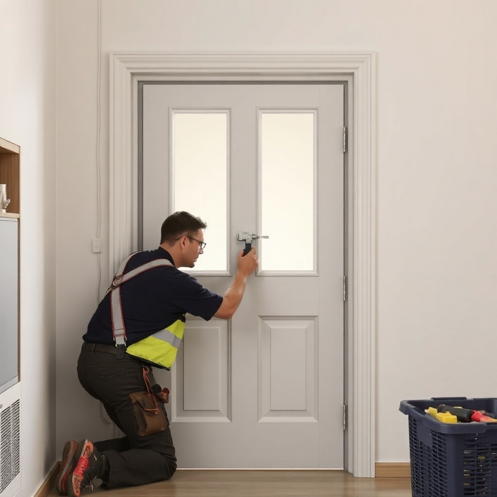 A realistic photo showing a technician installing a budget-friendly steel door in a standa