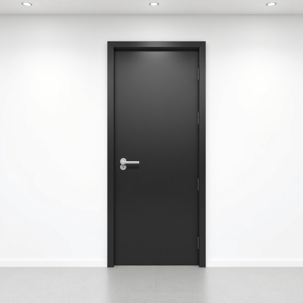 Clean photorealistic photo of a modern steel door model with matte black finish and minima