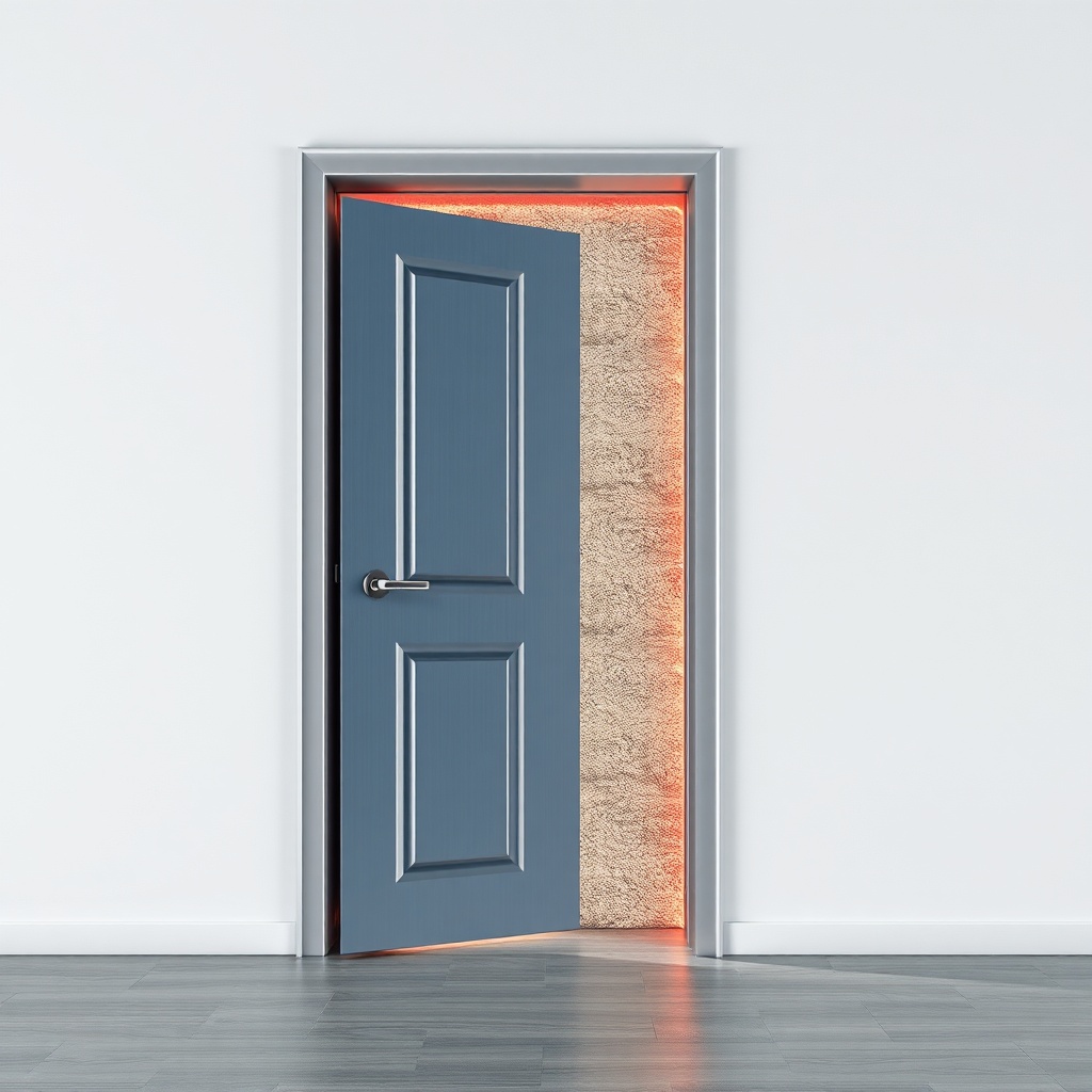 Clean photorealistic photo of a steel door cross-section showing insulation layers includi