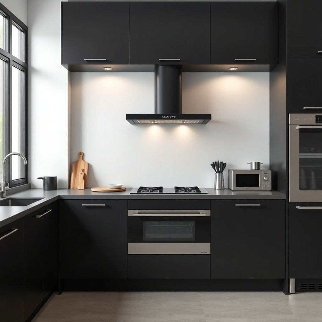 Photorealistic photo of a modern kitchen with a Çelik Kapı Pro in matte black color
