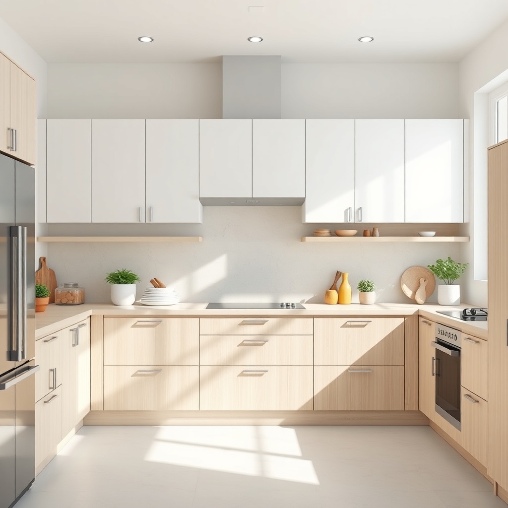 Photorealistic photo of a bright kitchen with white Çelik Kapı Pro