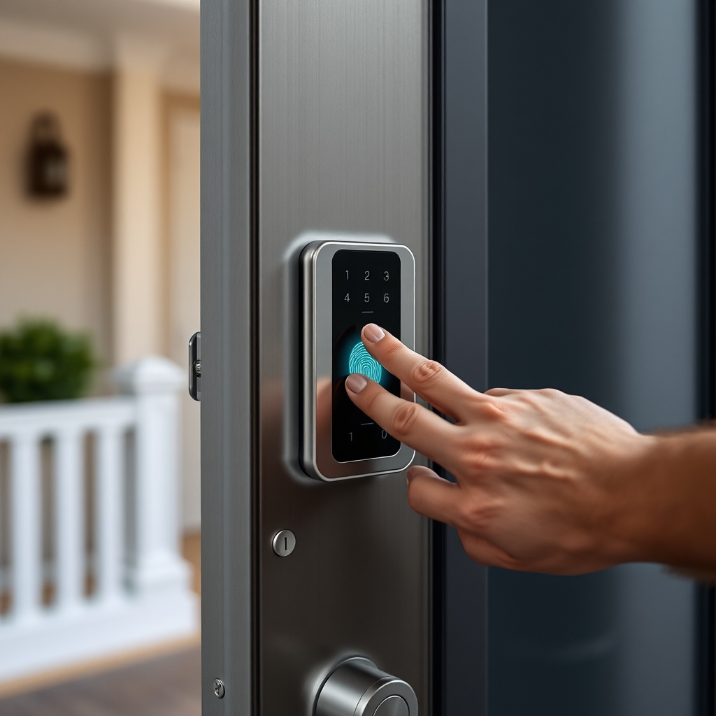 A photorealistic close-up of a modern steel door with a fingerprint reader embedded in the