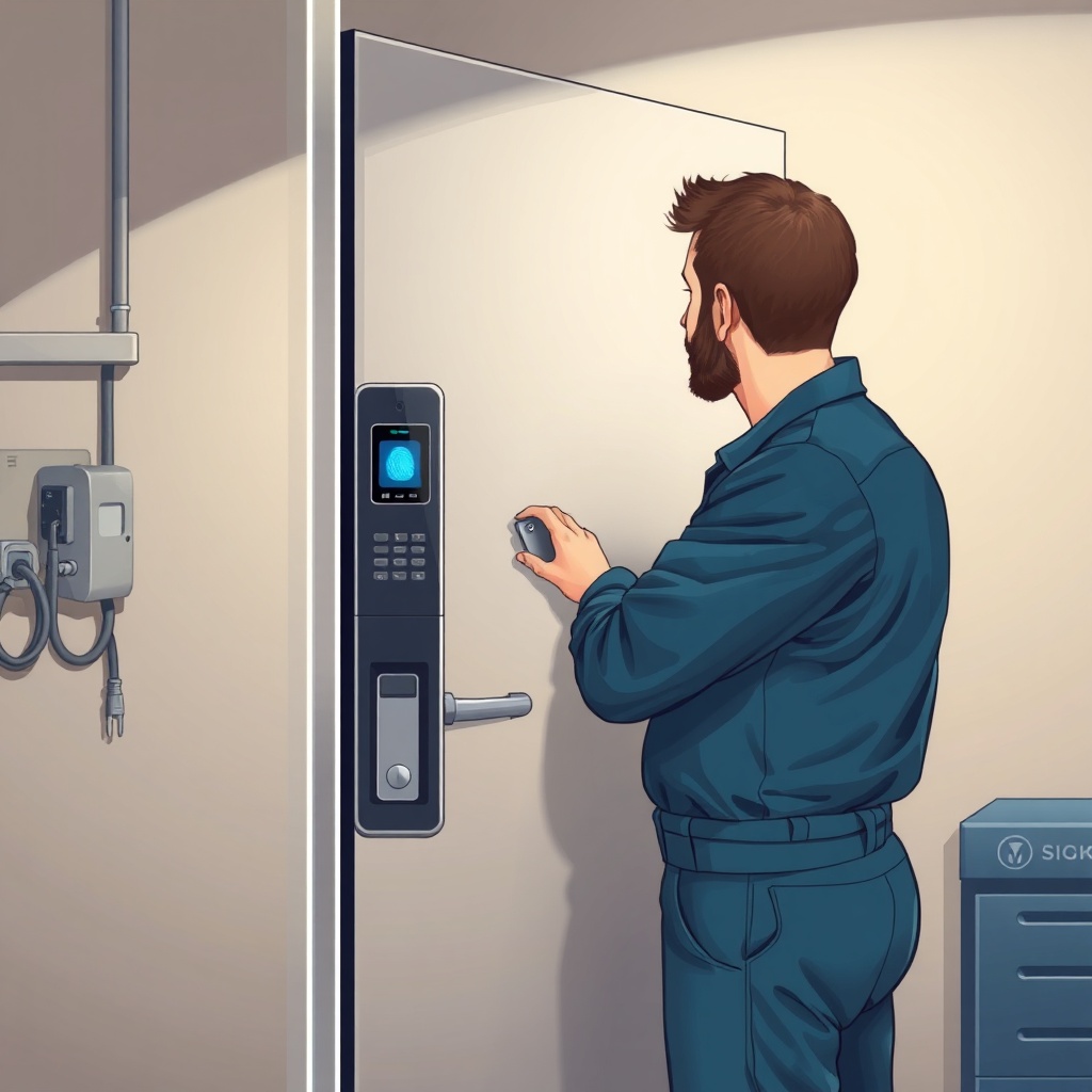 A photorealistic illustration of a technician installing a fingerprint reader on a steel d