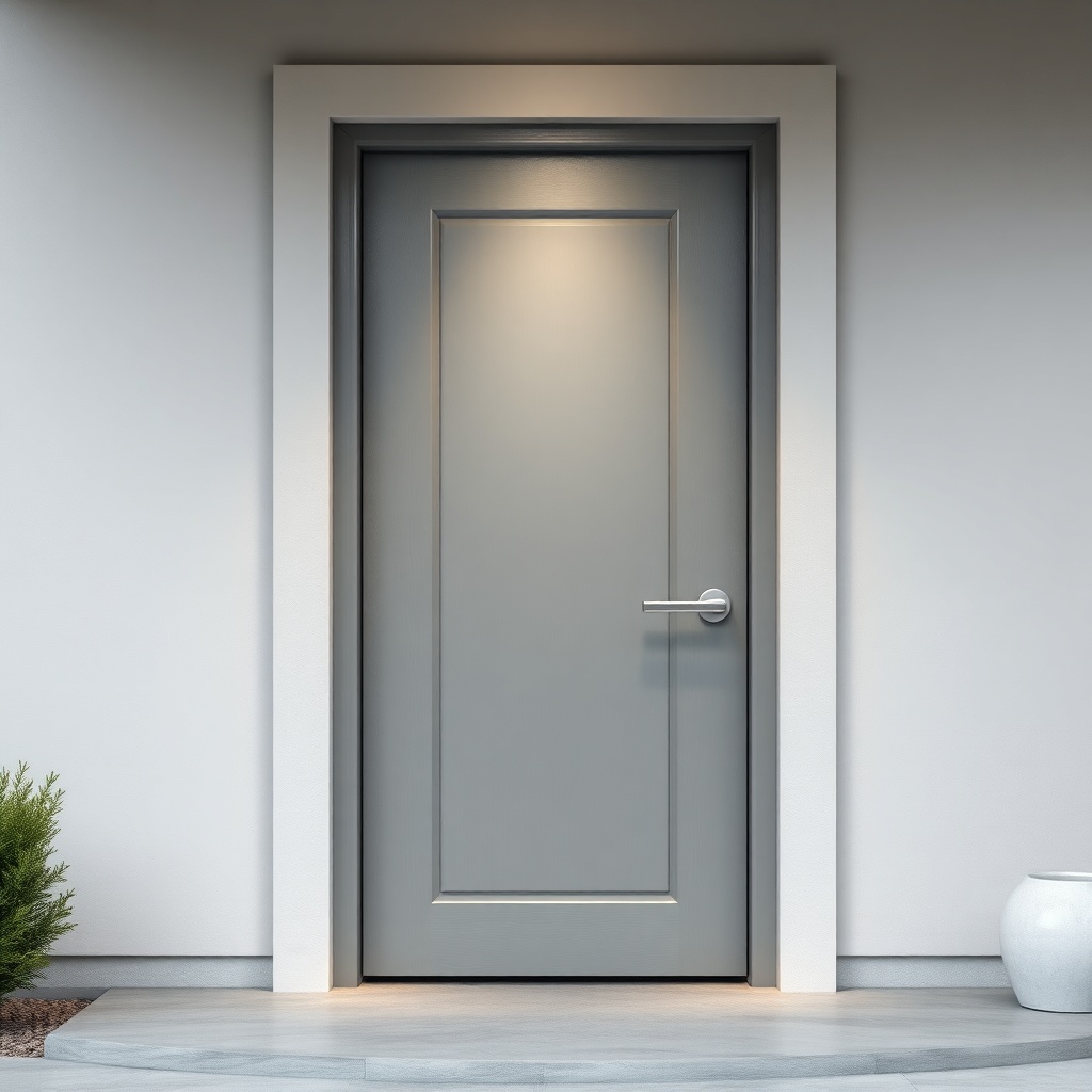 A clean photorealistic photo of a modern house entrance with a Celik Kapi Pro door in Antr